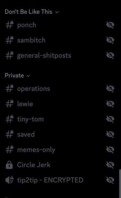 Sonoran private-channel screenshot with several channel names visible.